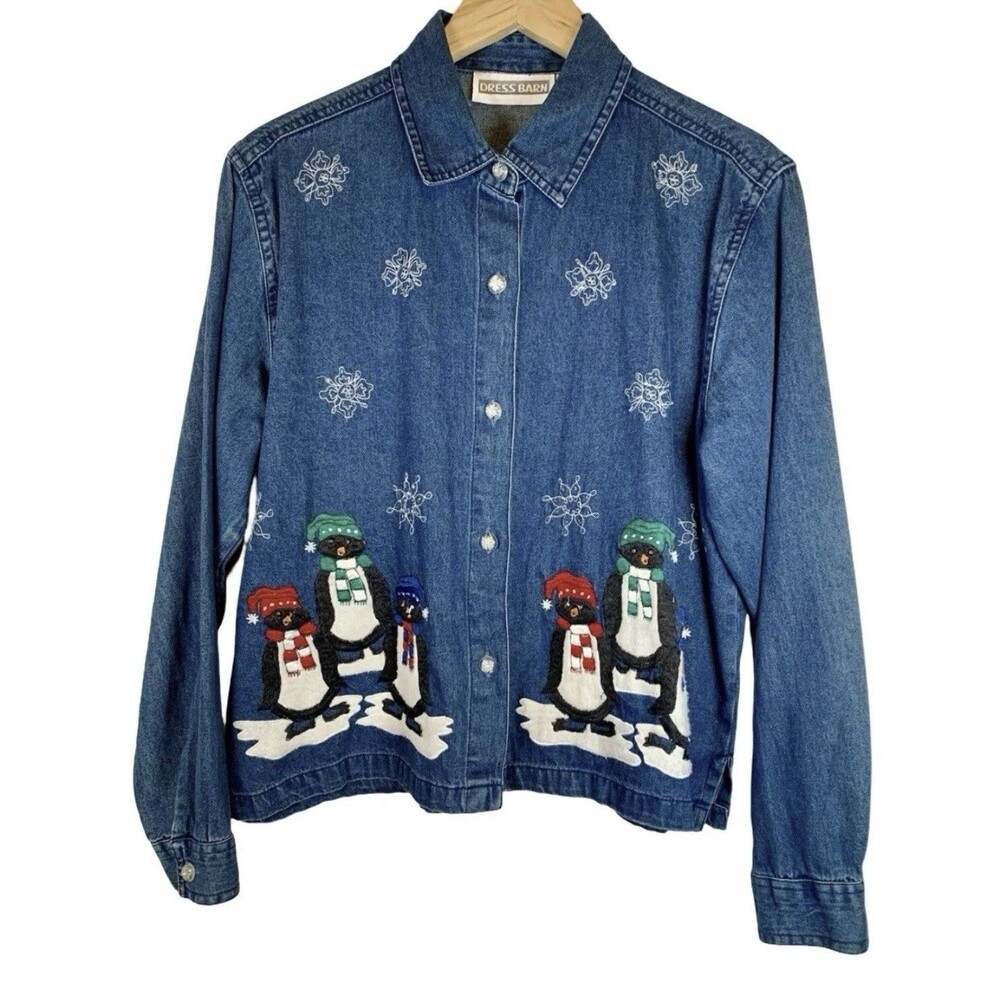 Dress Barn Holiday Denim Penguin Cotton Button Down Chambray Shirt Top Large